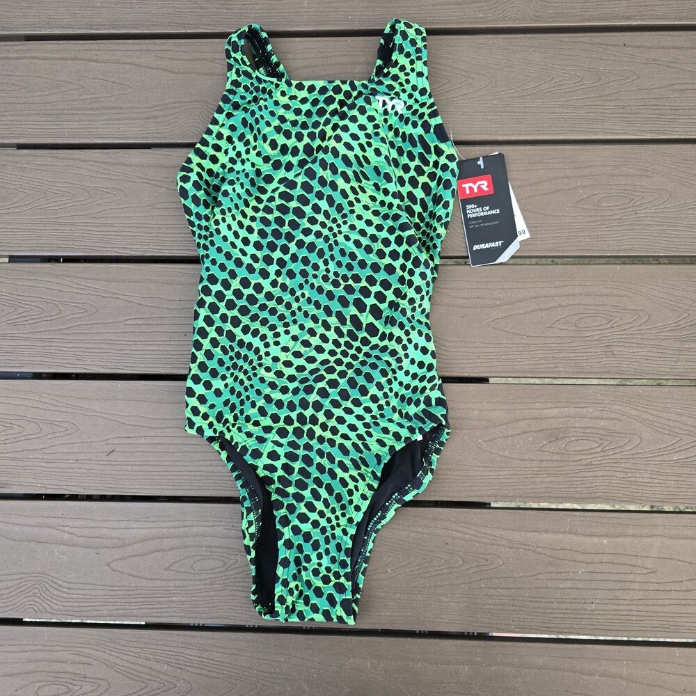 TYR Girl's DuraFast Swarm MaxFit 1 Piece Swimsuit Black Green Sz 24 New